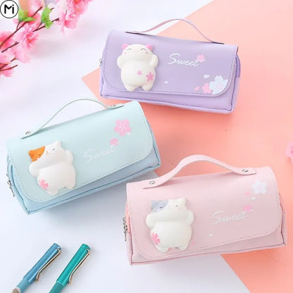 Cute Cat 3D Pencil Case 3 Layers Large Capacity Leather Pencil Box for Girls Pen Bag Pouch Kawaii Stationery School