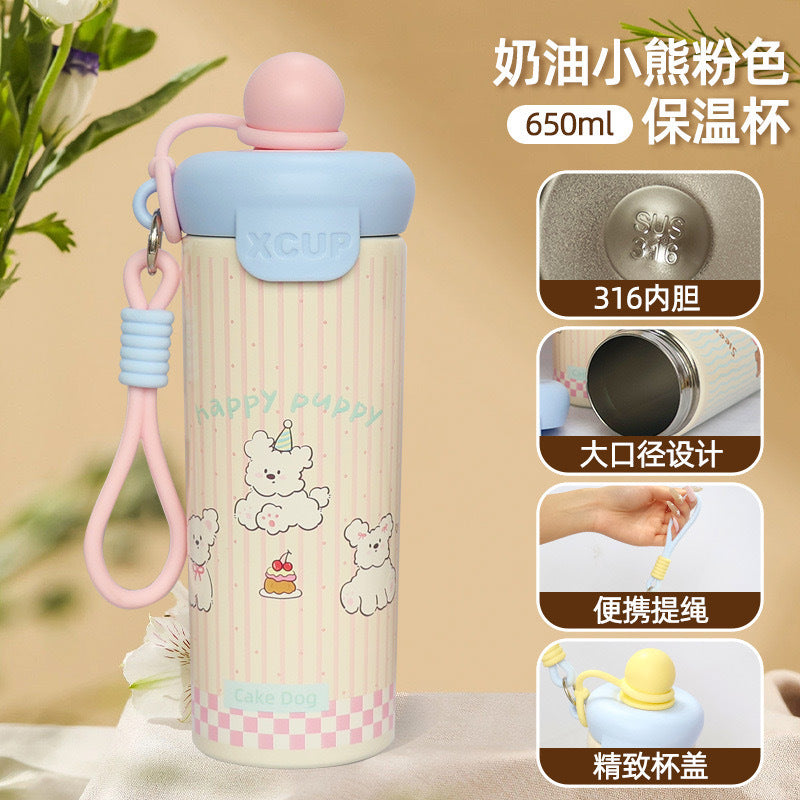 Cute Stainless Steel Water Bottle for Kids & Adults, 650ml