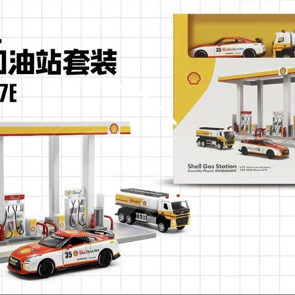 SHELL Oil Gas Station Assembly Playset Volvo Oil Tanker & NISSAN GTR KAAYU WORLD