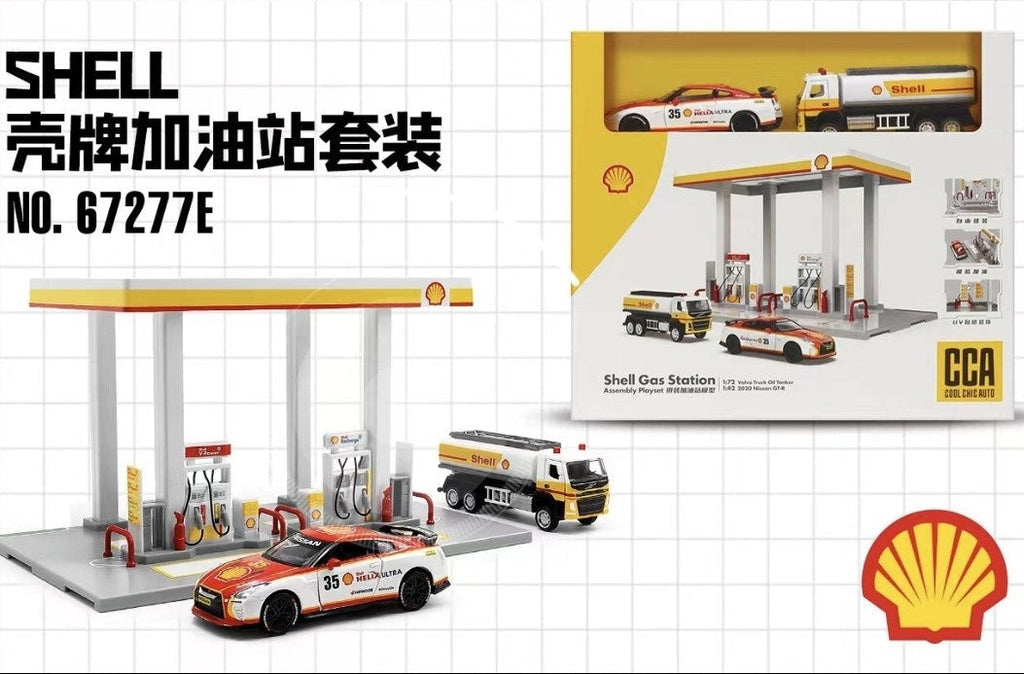SHELL Oil Gas Station Assembly Playset Volvo Oil Tanker & NISSAN GTR KAAYU WORLD