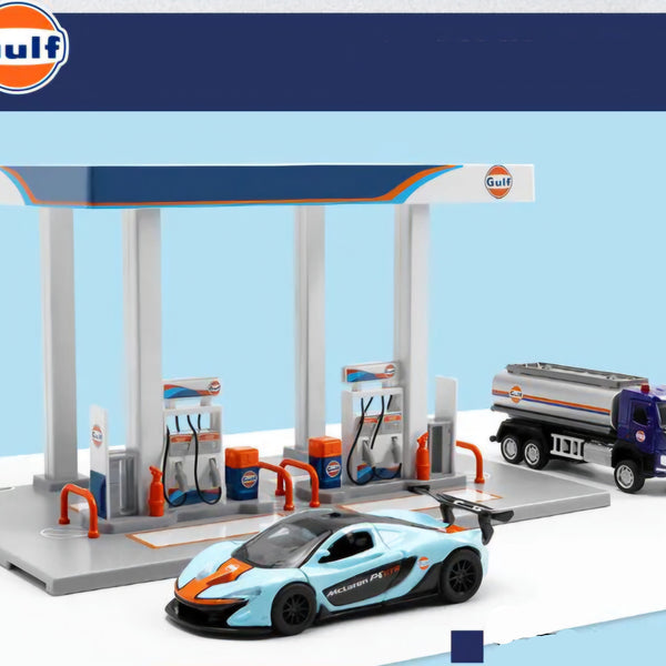 Gulf Oil Gas Station Assembly Playset McLaren P1 GTR Volvo Truck Oil Tanker SCALE 1:64 KAAYU WORLD
