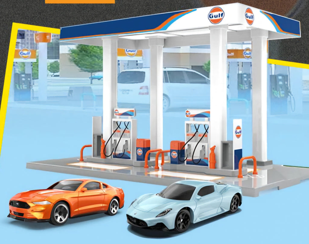 Gulf Oil Gas Station Assembly Playset MASERATI MC20 & FORD MUSTANG GT SCALE 1:64 KAAYU WORLD