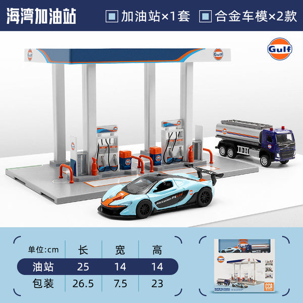 Gulf Oil Gas Station Assembly Playset McLaren P1 GTR Volvo Truck Oil Tanker SCALE 1:64 KAAYU WORLD