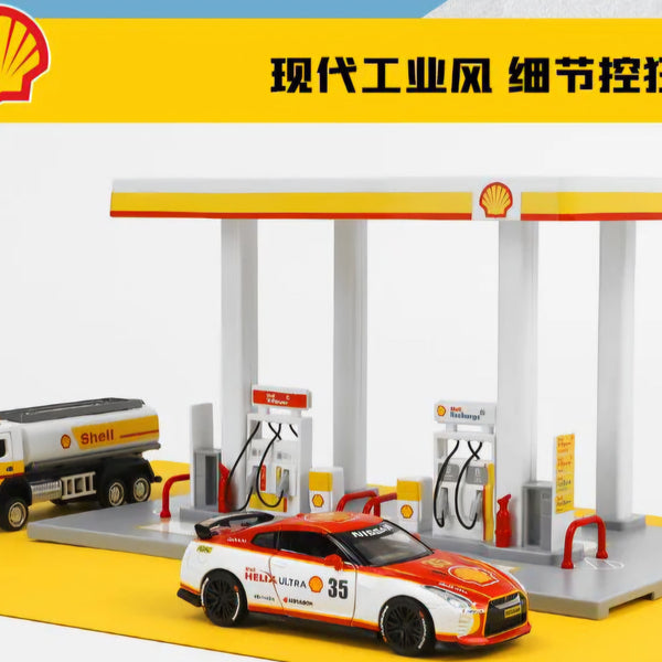SHELL Oil Gas Station Assembly Playset Volvo Oil Tanker & NISSAN GTR KAAYU WORLD