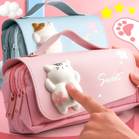 Cute Cat 3D Pencil Case 3 Layers Large Capacity Leather Pencil Box for Girls Pen Bag Pouch Kawaii Stationery School