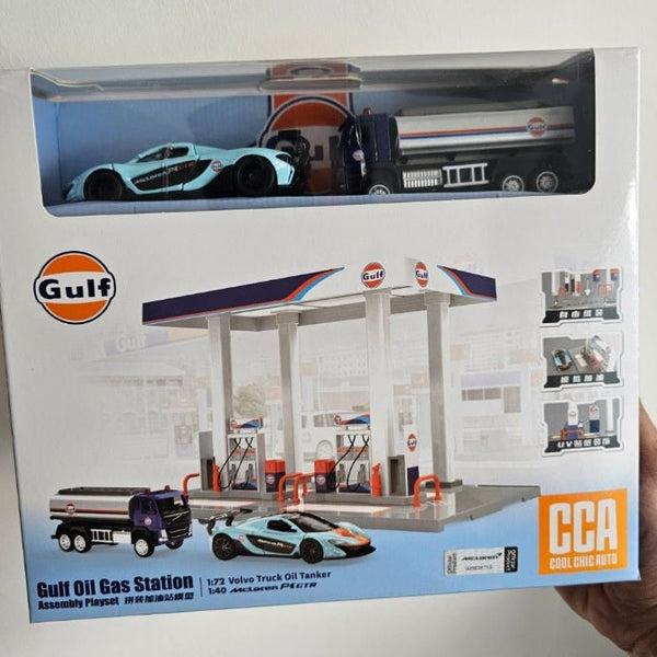 Gulf Oil Gas Station Assembly Playset McLaren P1 GTR Volvo Truck Oil Tanker SCALE 1:64 KAAYU WORLD