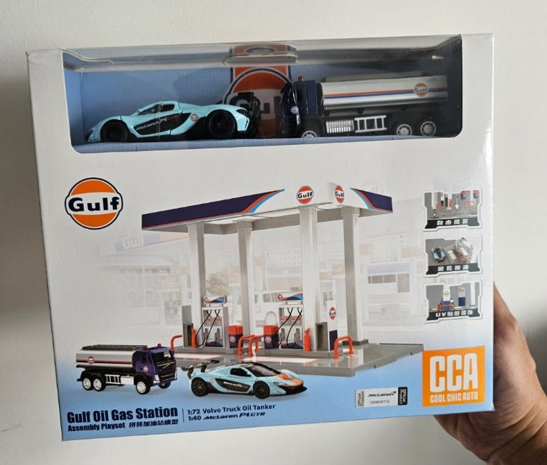 Gulf Oil Gas Station Assembly Playset McLaren P1 GTR Volvo Truck Oil Tanker SCALE 1:64 KAAYU WORLD