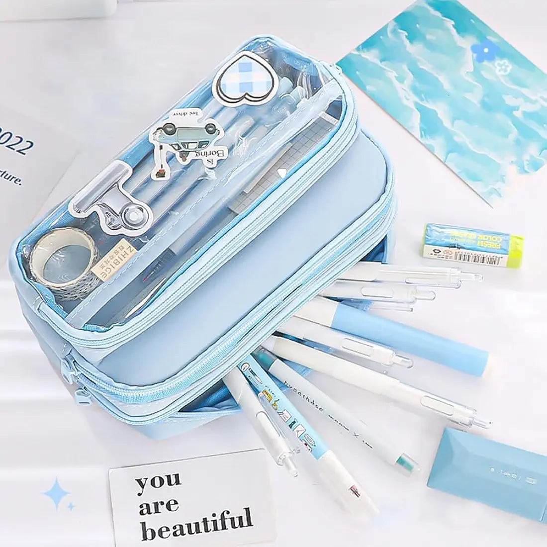 Pencil Case -3 Compartments Pen Bag,Pen Pouch Big Capacity Large Storage Only Empty Pouch (Stationery Not Included)