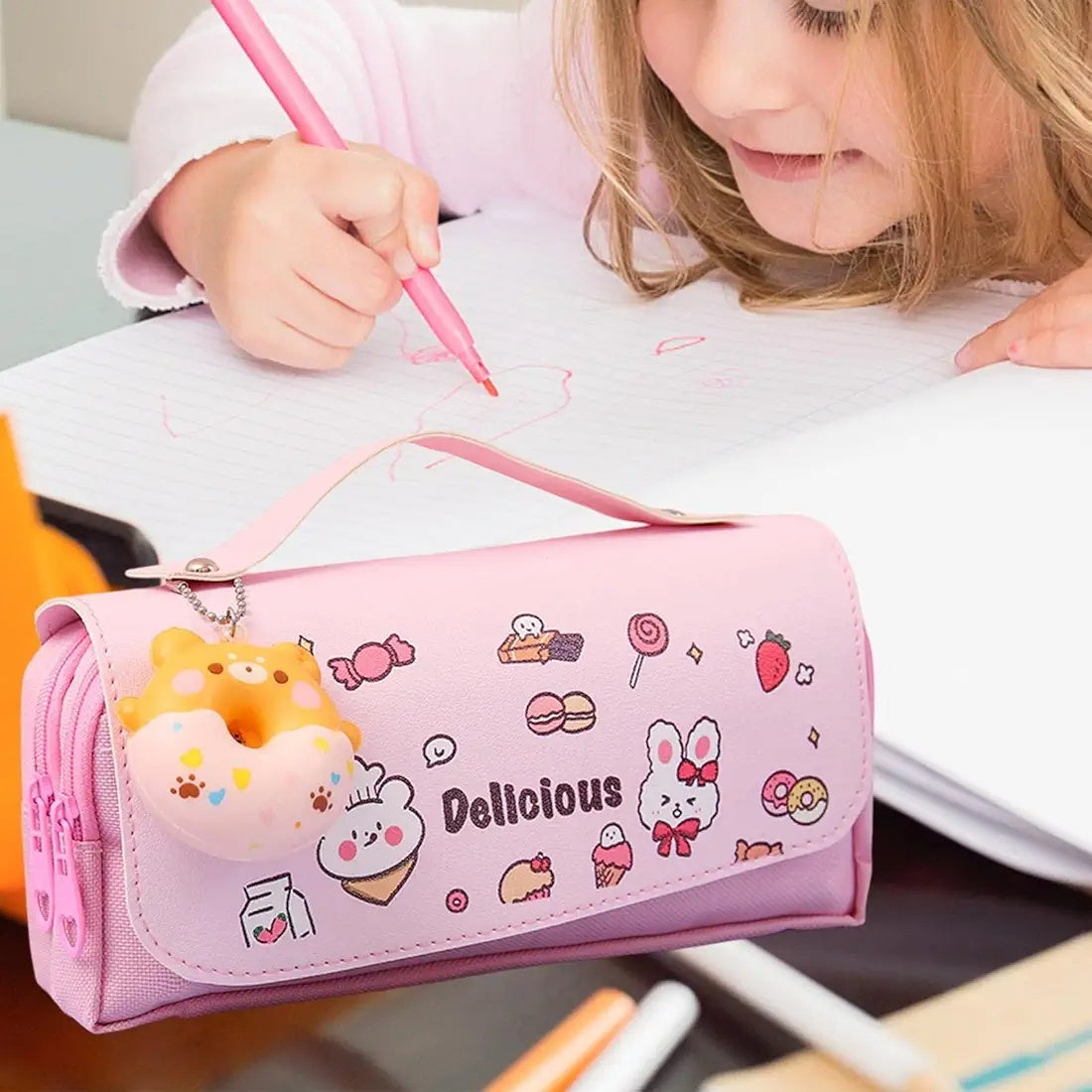 3D Decompression Pencil Case 3 Layers Large Capacity Leather Pencil Box for Girls Pen Bag Pouch Kawaii Stationery School