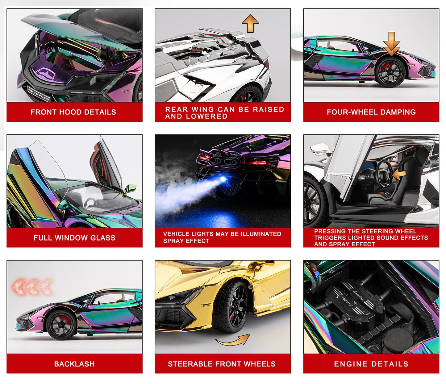 1/24 Lamborghini Revuelto Super Sport SPRAY Toy Car For Kid Sound and Light Die-cast Metal Pullback Car