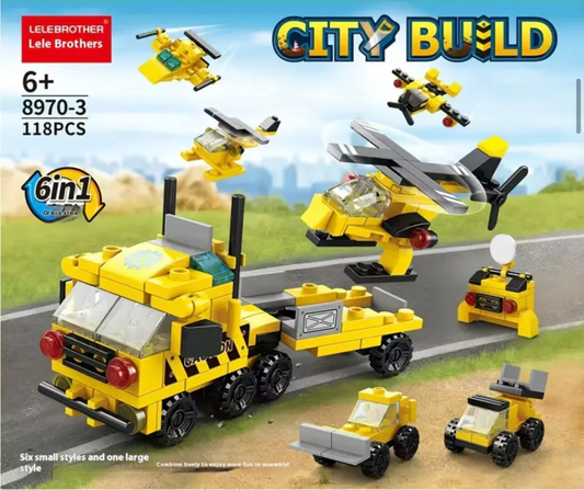 6-in-1 City Creator Vehicle Mini Building Blocks Set with Bulldozer/Helicopter/Truck Models DIY Toy Gift for Kids