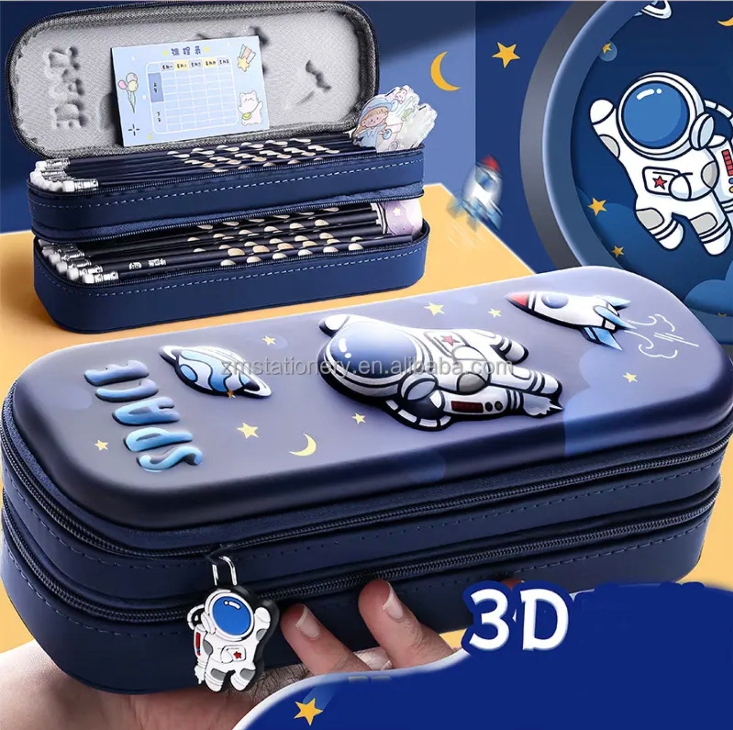 KAWAII Premium Double Layer Space Pencil Case 3D Cover EVA Space Astronaut Theme Large Capacity Pencil Zipper Pouch Bag Compass School Kids