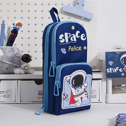 KAWAII Premium Double Layer Space Astronaut Theme Large Capacity Pencil Zipper Pouch Bag Compass School Kids
