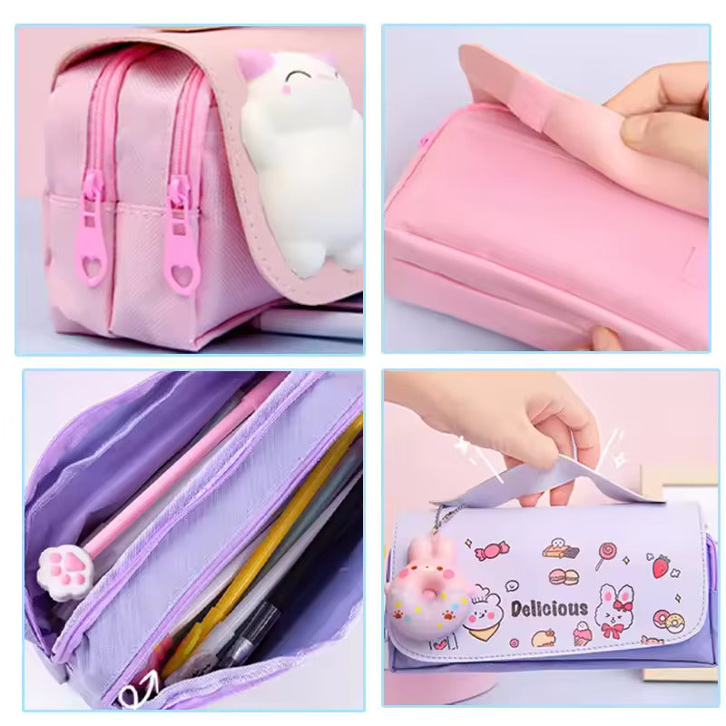Cute Cat 3D Pencil Case 3 Layers Large Capacity Leather Pencil Box for Girls Pen Bag Pouch Kawaii Stationery School