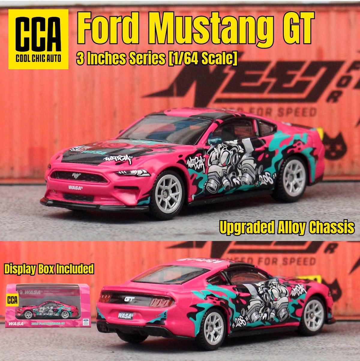 Ford Mustang 2018 GT WASA PINK DieCast Metal Car of CCA Scale 1:64 (Premium Display Box) KAAYU WORLD