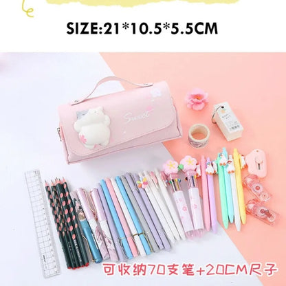Cute Cat 3D Pencil Case 3 Layers Large Capacity Leather Pencil Box for Girls Pen Bag Pouch Kawaii Stationery School