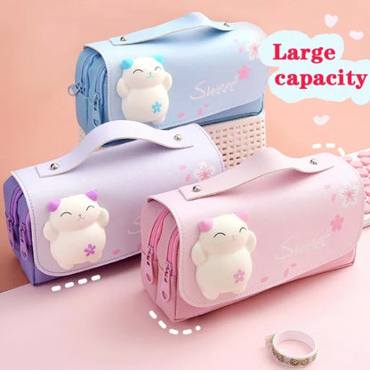 Cute Cat 3D Pencil Case 3 Layers Large Capacity Leather Pencil Box for Girls Pen Bag Pouch Kawaii Stationery School