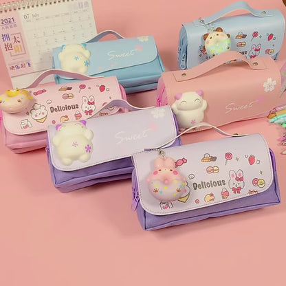 3D Decompression Pencil Case 3 Layers Large Capacity Leather Pencil Box for Girls Pen Bag Pouch Kawaii Stationery School