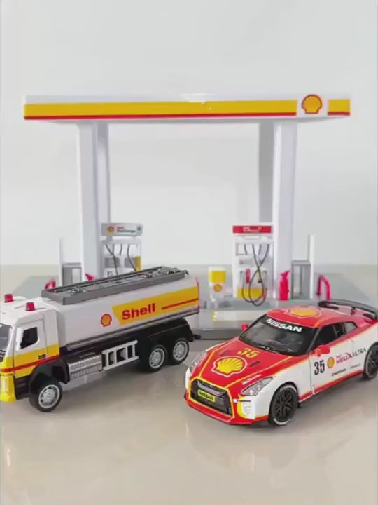 SHELL Oil Gas Station Assembly Playset Volvo Oil Tanker & NISSAN GTR
