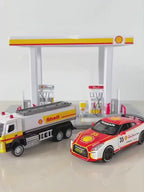 SHELL Oil Gas Station Assembly Playset Volvo Oil Tanker & NISSAN GTR
