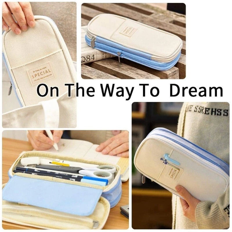 KAWAII Large Capacity, Canvas Cotton Linen Pencil Pouch, Pencil Case Cute Stationery Bag